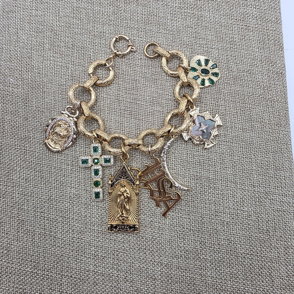 Rockstar In Rome Gold Charm Bracelet with Green Accents - Picture 2 of 3